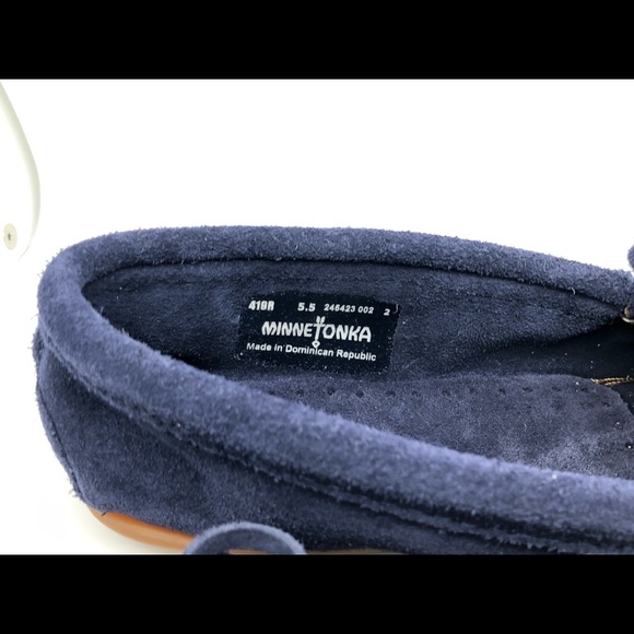 Minnetonka Womens Kilty Leather Suede Hardsole Moccasin Navy Cortez Aztec 5.5 - Picture 10 of 11
